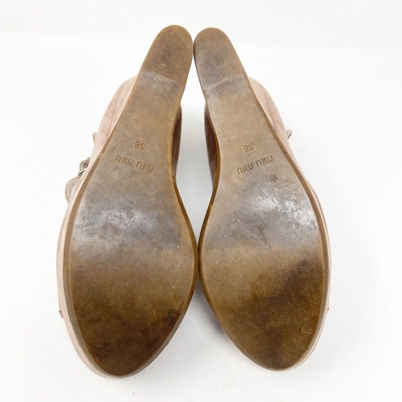Miu Miu Open Toed T-Strap Tan Suede Wedge Heels Sz 38 (8) - Picture 7 of 9